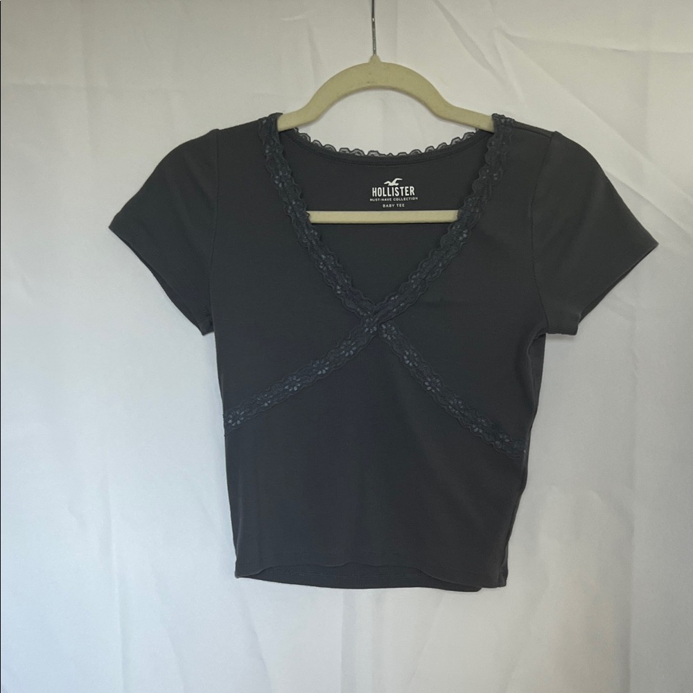 Hollister Dusty Blue Lace Accent Crop Top